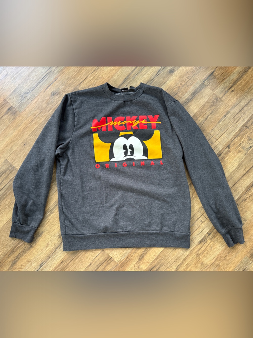 Disney Men's Charcoal Gray Mickey Graphic Sweatshirt with Yellow & Red Accents